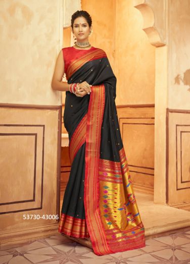 Black & Orange Woven Paithani Silk Saree For Traditional / Religious Occasions