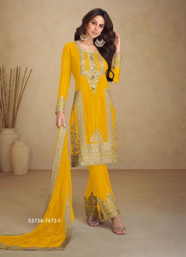 Yellow Real Chinon Embroidered Pant-Bottom Salwar Kameez For Traditional / Religious Occasions