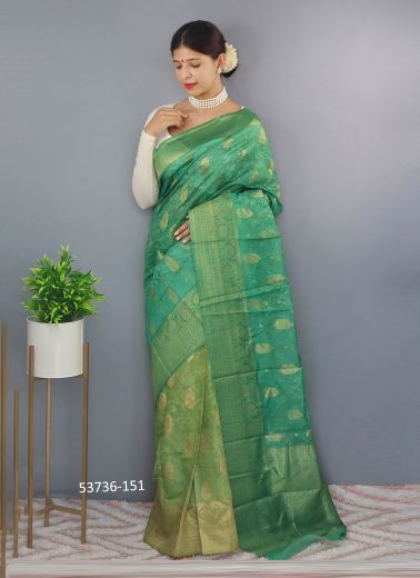 Sea & Light Green Woven Chanderi Kalamkari Festive-Wear Saree