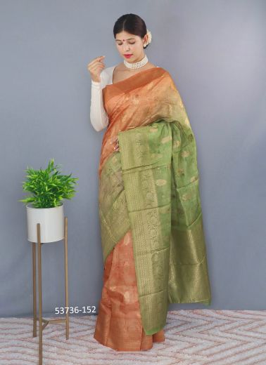 Light Salmon & Green Woven Chanderi Kalamkari Festive-Wear Saree