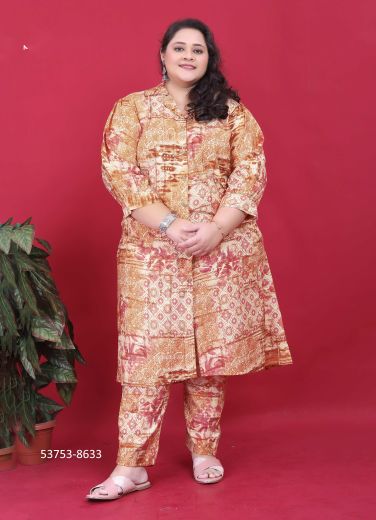 Burlywood & Light Coral Rayon Digitally Printed Resort-Wear Readymade Plus-Size Co-Ord Set [With Two Pockets]