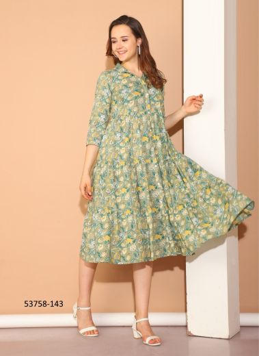 Sage Green & Yellow Cotton Printed Resort-Wear Readymade Anarkali Kurti