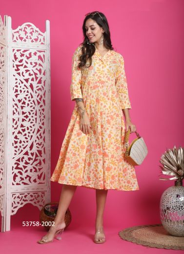 Salmon & Orange Cotton Printed Resort-Wear Readymade Anarkali Kurti