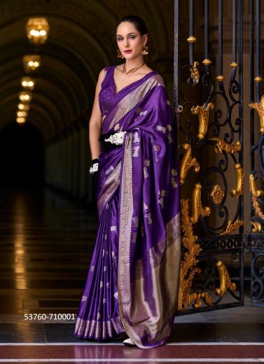 Violet Woven Satin Mungha Soft Silk Evening-Wear Saree