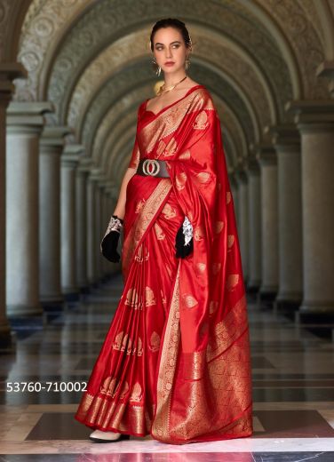 Red Woven Satin Mungha Soft Silk Evening-Wear Saree