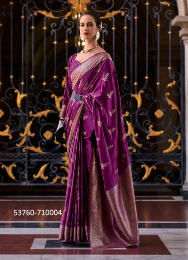 Purple Woven Satin Mungha Soft Silk Evening-Wear Saree