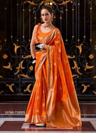 Orange Woven Satin Mungha Soft Silk Evening-Wear Saree