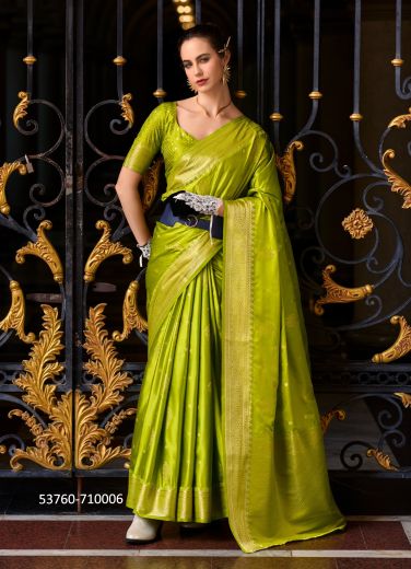 Parrot Green Woven Satin Mungha Soft Silk Evening-Wear Saree