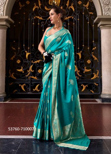 Teal Blue Woven Satin Mungha Soft Silk Evening-Wear Saree