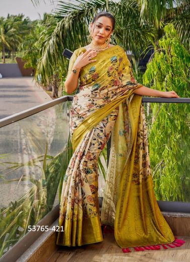 Olive Green & White Organza Digitally Printed Festive-Wear Jari Silk Saree