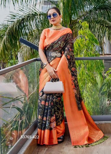 Navy Blue & Light Salmon Organza Digitally Printed Festive-Wear Jari Silk Saree