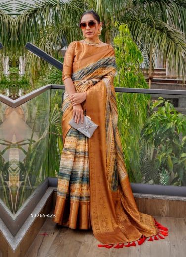 Burlywood & Sea Blue Organza Digitally Printed Festive-Wear Jari Silk Saree