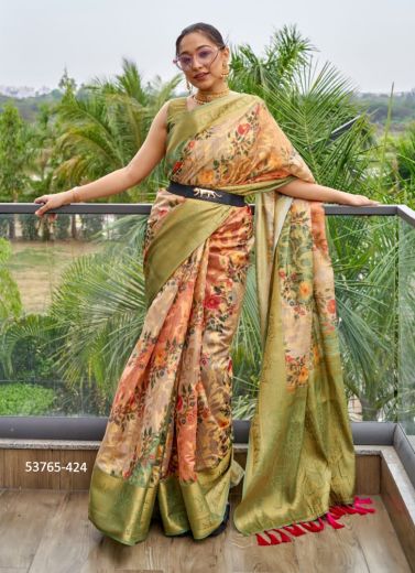 Light Green & Salmon Organza Digitally Printed Festive-Wear Jari Silk Saree