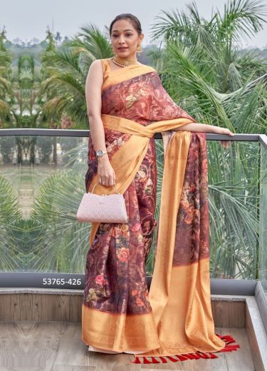 Wine & Peach Organza Digitally Printed Festive-Wear Jari Silk Saree