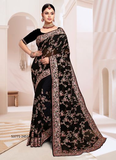 Black & Pink Georgette Embroidered Festive-Wear Desi Saree