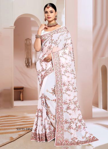 White & Pink Georgette Embroidered Festive-Wear Desi Saree