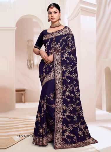 Navy Blue & Pink Georgette Embroidered Festive-Wear Desi Saree