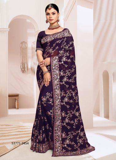 Dark Purple & Pink Georgette Embroidered Festive-Wear Desi Saree