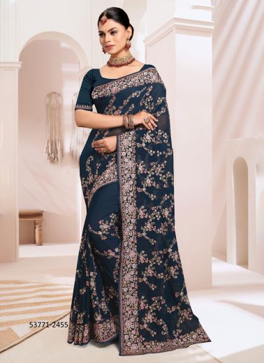 Sea Blue & Pink Georgette Embroidered Festive-Wear Desi Saree