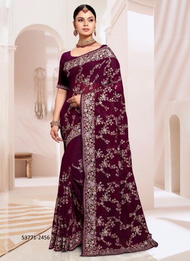 Wine & Pink Georgette Embroidered Festive-Wear Desi Saree