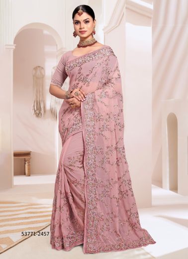 Pink Georgette Embroidered Festive-Wear Desi Saree