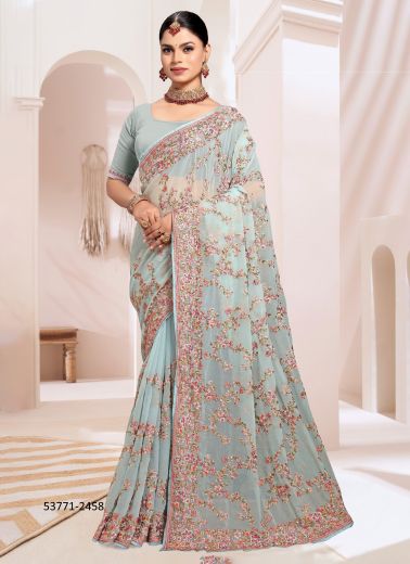 Light Blue & Pink Georgette Embroidered Festive-Wear Desi Saree