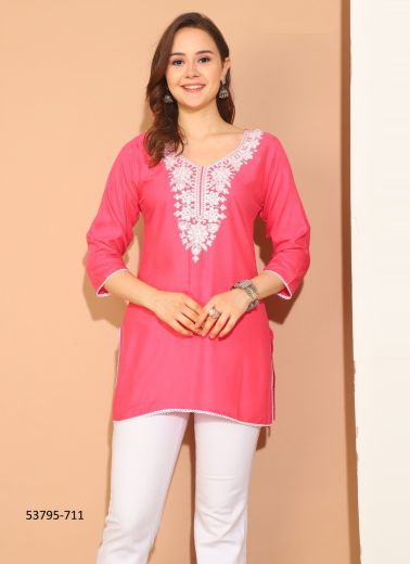 Pink Rayon Thread-Work Office-Wear Readymade Short Top