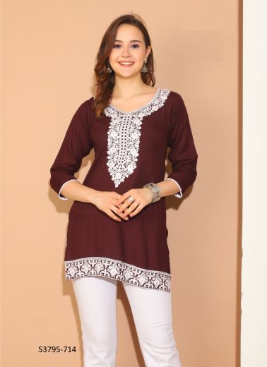 Dark Maroon Rayon Thread-Work Office-Wear Readymade Short Top