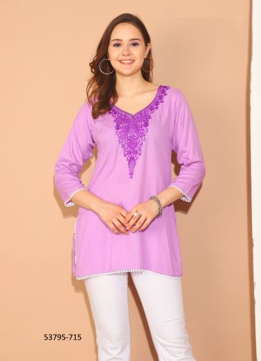 Lilac Rayon Thread-Work Office-Wear Readymade Short Top