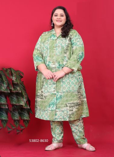 Light Green & Aqua Rayon Digitally Printed Resort-Wear Readymade Plus-Size Co-Ord Set