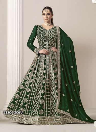 Green Georgette Embroidered Floor-Length Readymade Salwar Kameez For Traditional / Religious Occasions