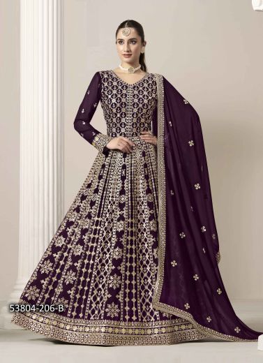 Purple Georgette Embroidered Floor-Length Readymade Salwar Kameez For Traditional / Religious Occasions