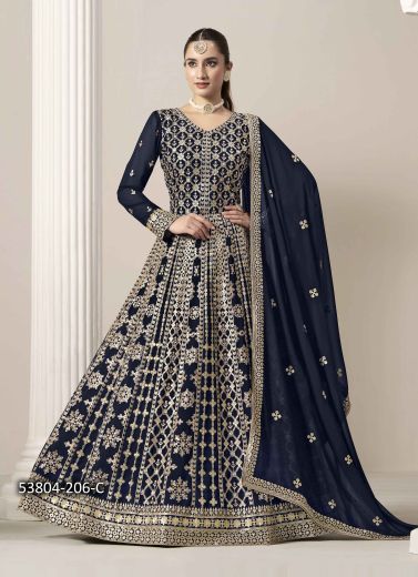 Navy Blue Georgette Embroidered Floor-Length Readymade Salwar Kameez For Traditional / Religious Occasions