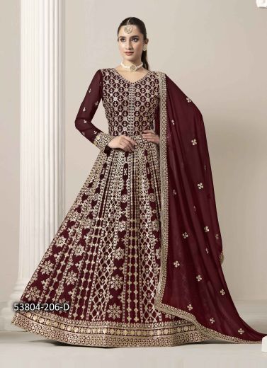 Maroon Georgette Embroidered Floor-Length Readymade Salwar Kameez For Traditional / Religious Occasions