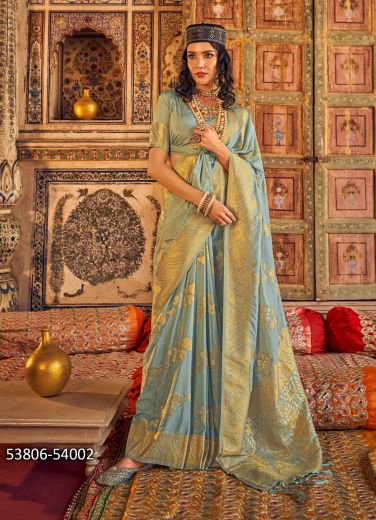 Light Blue Georgette Woven Soft Silk Saree For Traditional / Religious Occasions