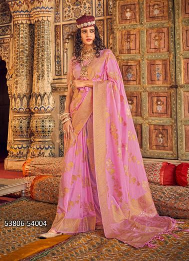 Baby Pink Georgette Woven Soft Silk Saree For Traditional / Religious Occasions