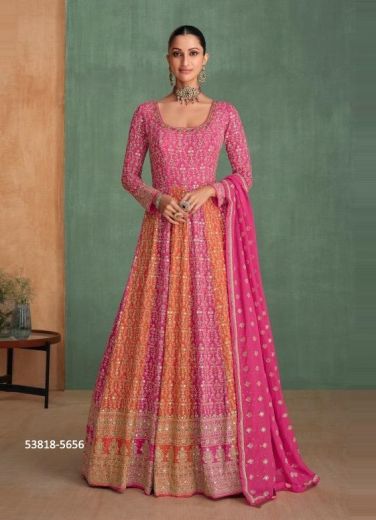 Magenta & Orange Real Georgette Embroidered Party-Wear Readymade Gown With Dupatta