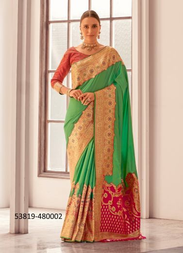 Light Green & Crimson Red Woven Soft Silk Festive-Wear Saree