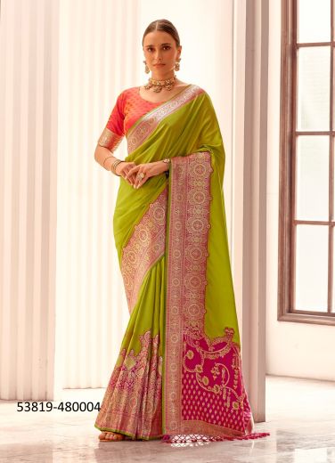 Olive Green & Magenta Woven Soft Silk Festive-Wear Saree