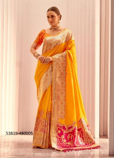 Yellow & Magenta Woven Soft Silk Festive-Wear Saree