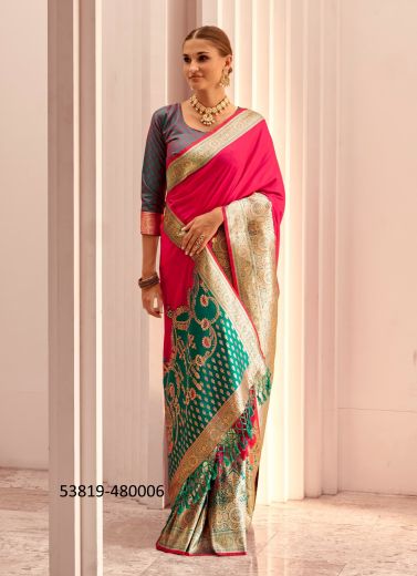 Dark Pink & Teal Green Woven Soft Silk Festive-Wear Saree