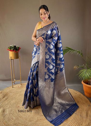 Royal Blue Cotton Woven Linen-Cotton Saree For Traditional / Religious Occasions