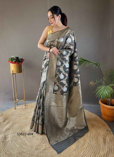 Gray Cotton Woven Linen-Cotton Saree For Traditional / Religious Occasions