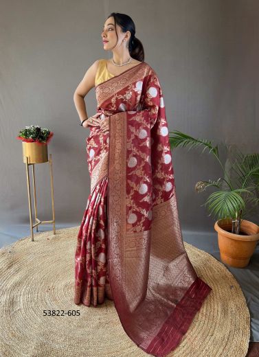 Wine Red Cotton Woven Linen-Cotton Saree For Traditional / Religious Occasions