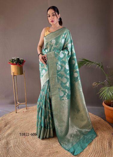 Light Teal Blue Cotton Woven Linen-Cotton Saree For Traditional / Religious Occasions