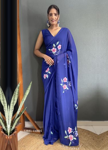 Indigo Blue Faux Georgette Hand-Printed Evening-Wear Ready-To-Wear Saree