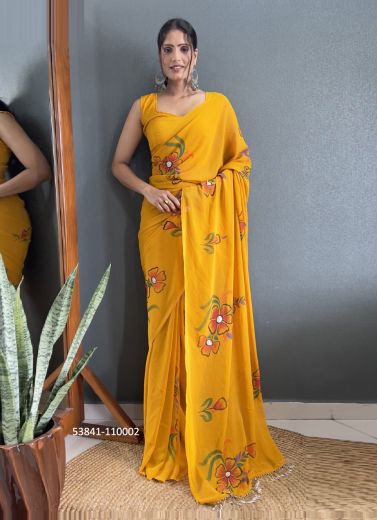 Yellow Faux Georgette Hand-Printed Evening-Wear Ready-To-Wear Saree