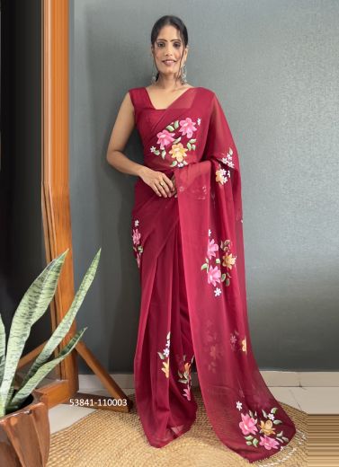 Wine Red Faux Georgette Hand-Printed Evening-Wear Ready-To-Wear Saree