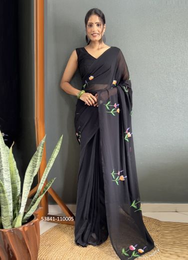 Black Faux Georgette Hand-Printed Evening-Wear Ready-To-Wear Saree