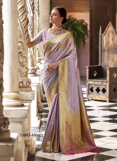 Lilac Woven Soft Silk Saree For Traditional / Religious Occasions